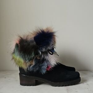 STUART WEITZMAN:  Black Ankle Suede Boots with Multicolor Real Fox Fur Trim